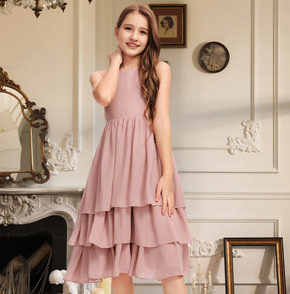 Girls' Formal Dress A-Line Scoop Backless Chiffon Cascading Ruffles Girls Party Wedding Guest Dress Hot Sale Junior Bridesmaid Dress