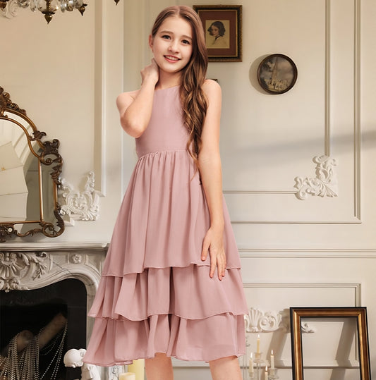 Girls' Formal Dress A-Line Scoop Backless Chiffon Cascading Ruffles Girls Party Wedding Guest Dress Hot Sale Junior Bridesmaid Dress
