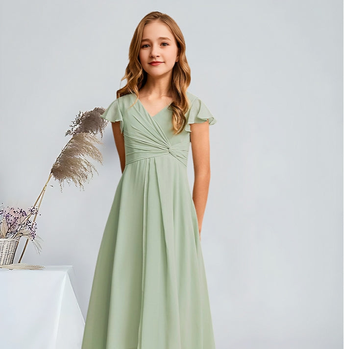Girls' Formal Dress Elegant A-Line V-Neck Asymmetrical Charming Party Wedding Guest Dress Hot Sale Junior Bridesmaid Dress