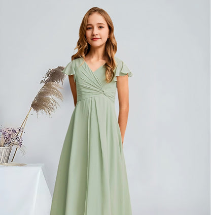 Girls' Formal Dress Elegant A-Line V-Neck Asymmetrical Charming Party Wedding Guest Dress Hot Sale Junior Bridesmaid Dress