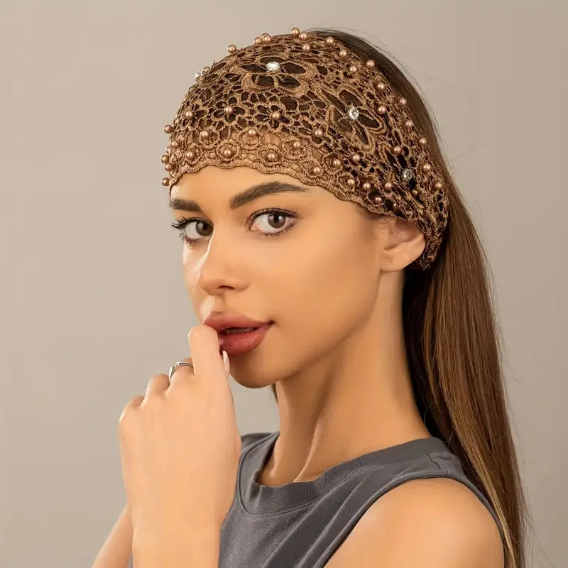 Aerba 4pcs Bohemian Floral Wide Head Wrap Headband with Faux Pearl Embellishments - Soft Polyester Hair Accessories for Women - Securing Hair, Hiking & Outdoor Activities, Chic Boho Style