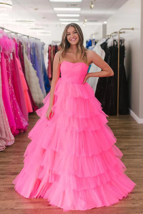 AerbaDress Pink Evening Dress Sweetheart Ruffle Tiered Long Prom Dresses