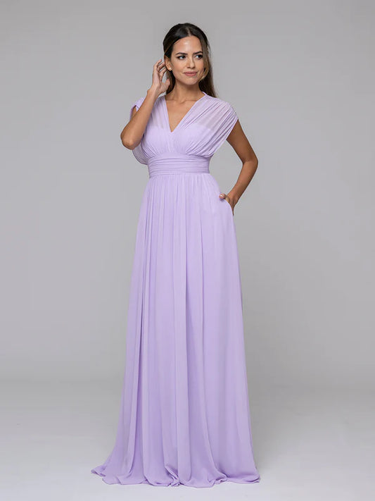 Chiffon V Neck Cap Sleeve Floor Length Bridesmaid Dresses