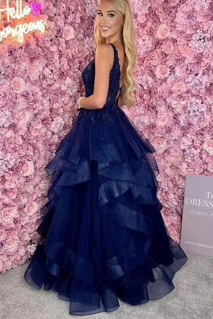 AerbaDress Navy Blue V Neck Long Prom Dresses Ruffle Tiered Tulle with Appliques