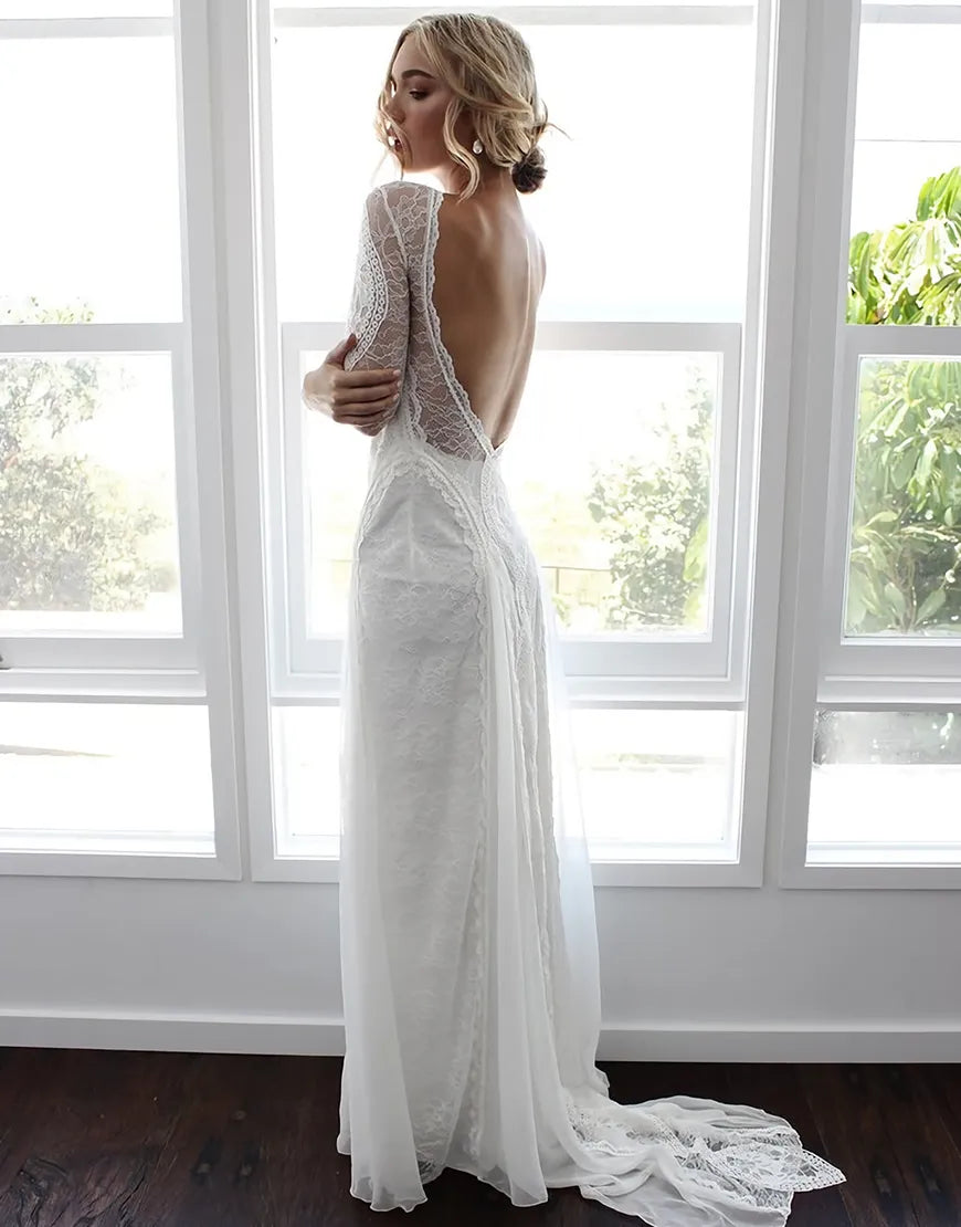 AerbaDress Wedding Dress Sheath Column Bateau Lace Open Back