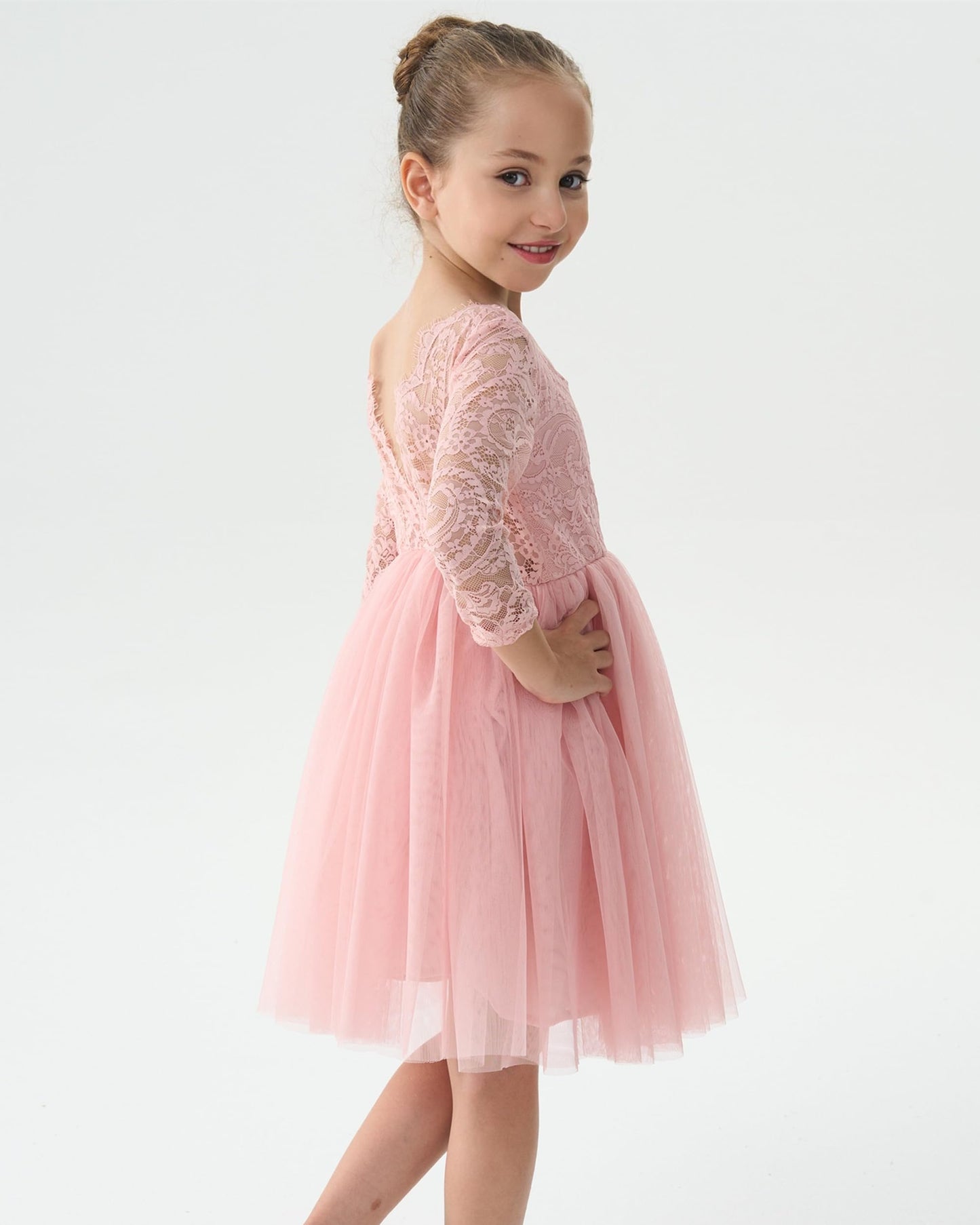 AERBA DRESS Wedding Flower Girl Dresses A-Line Round Neck Long Sleeves Lace Tutu Tulle Party Dress