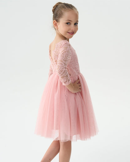 AERBA DRESS Wedding Flower Girl Dresses A-Line Round Neck Long Sleeves Lace Tutu Tulle Party Dress