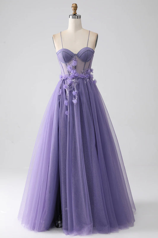 AerbaDress Purple A-Line Spaghetti Straps Corset Prom Dress with 3D Flowers