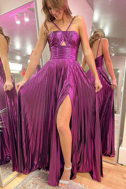 AerbaDress Magenta Evening Dress Spaghetti Straps Pleated A-Line Long Prom Dresses