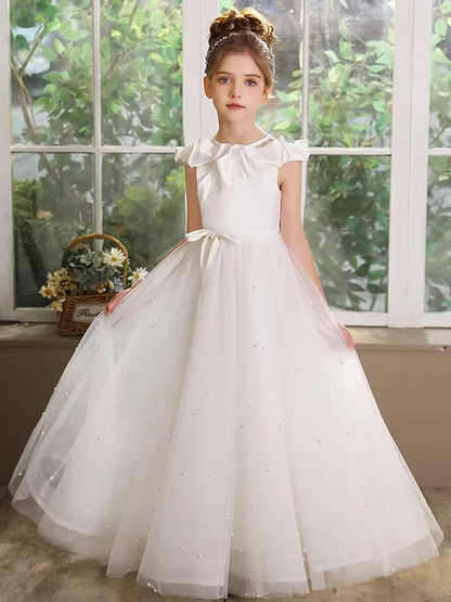 AERBA DRESS Wedding Flower Girl Dress Little Princess Tulle Bridesmaid party Dresses Pearl-decorated Kids Birthday Dress