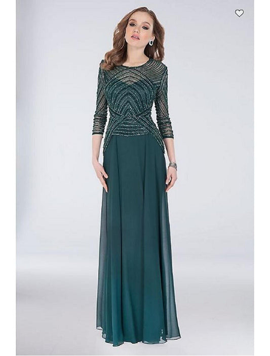 Sheath / Column Mother of the Bride Dress Formal Jewel Neck Floor Length Polyester 3/4 Length Sleeve No with Pleats Beading