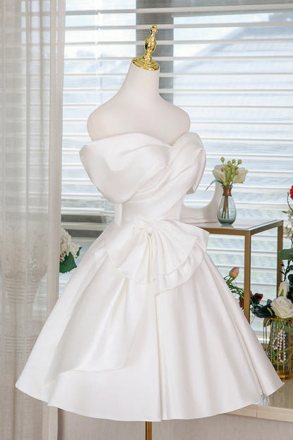 Fashion White Satin A-Line Off the Shoulder Sweetheart Neckline Pleated Bow Lovely Short Prom Dresses Formal Graduation Dress Homecoming Dresses