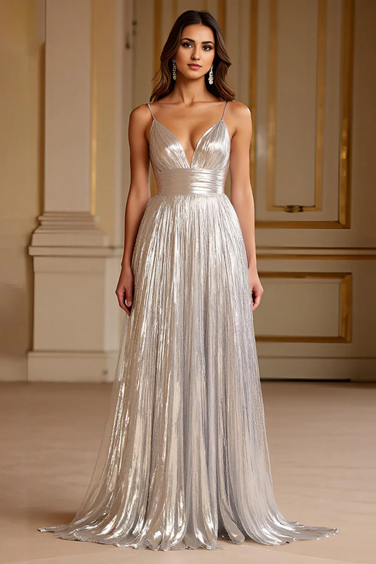 AERBA DRESS Formal Wear Dresses Deep V-Neck Spaghetti Strap Backless Pleated Sparkle Long Prom Dress
