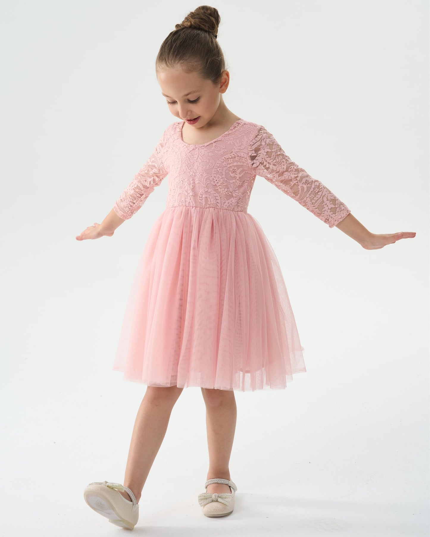 AERBA DRESS Wedding Flower Girl Dresses A-Line Round Neck Long Sleeves Lace Tutu Tulle Party Dress