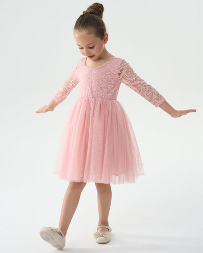 AERBA DRESS Wedding Flower Girl Dresses A-Line Round Neck Long Sleeves Lace Tutu Tulle Party Dress