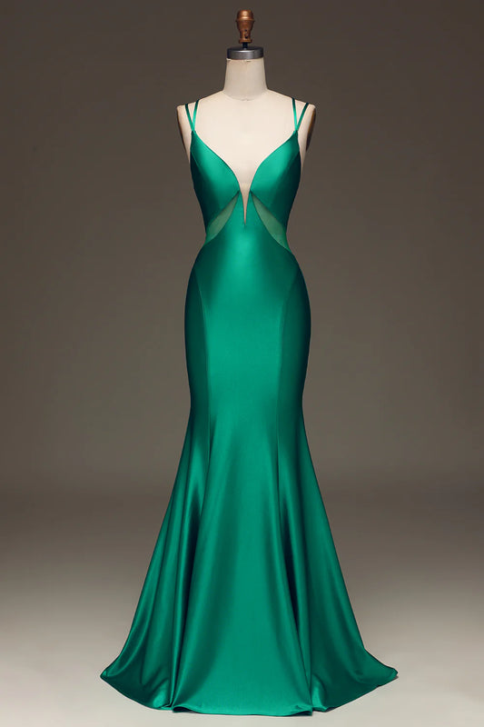 AerbaDress Green Deep V-neck Satin Mermaid Prom Dress with Lace-up Back