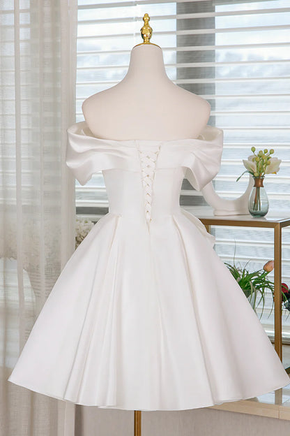 Fashion White Satin A-Line Off the Shoulder Sweetheart Neckline Pleated Bow Lovely Short Prom Dresses Formal Graduation Dress Homecoming Dresses