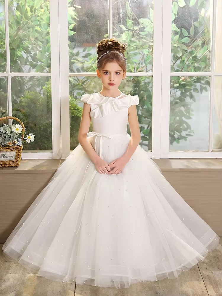 AERBA DRESS Wedding Flower Girl Dress Little Princess Tulle Bridesmaid party Dresses Pearl-decorated Kids Birthday Dress