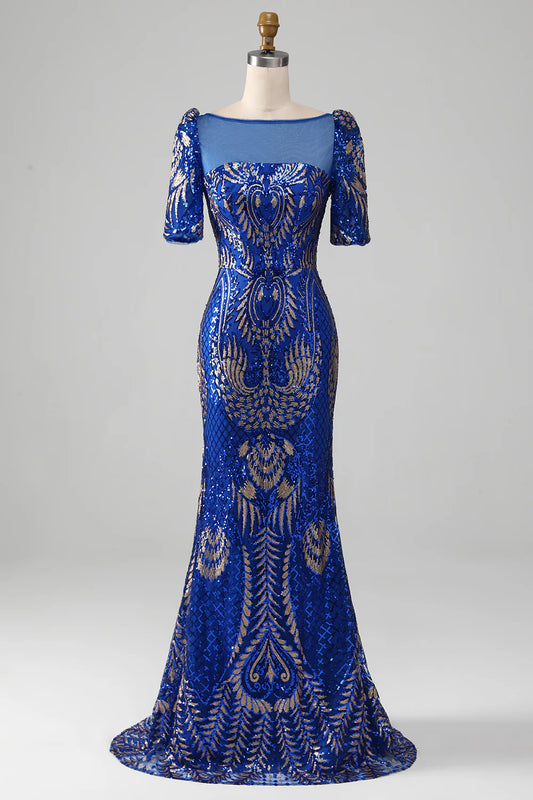 AerbaDress Mermaid Royal Blue Sparkly Prom Dress with Short Sleeves