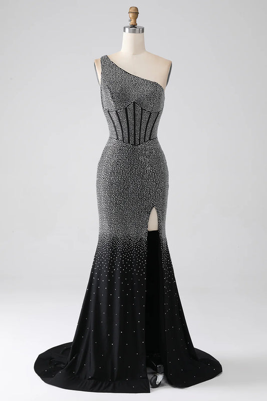 AerbaDress Sparkly Black Mermaid One Shoulder Corset Prom Dress