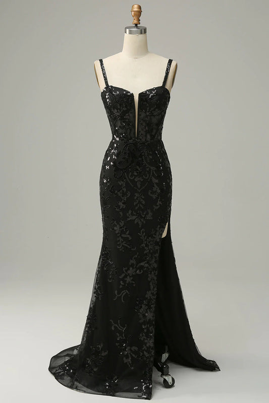 AerbaDress Mermaid Spaghetti Straps Sequins Long Prom Dress with Split Front