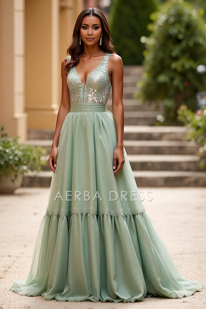 AERBA DRESS Formal Wear Dresses Exquisite A Line V-Neck Ruched Fashion Long Prom Dress