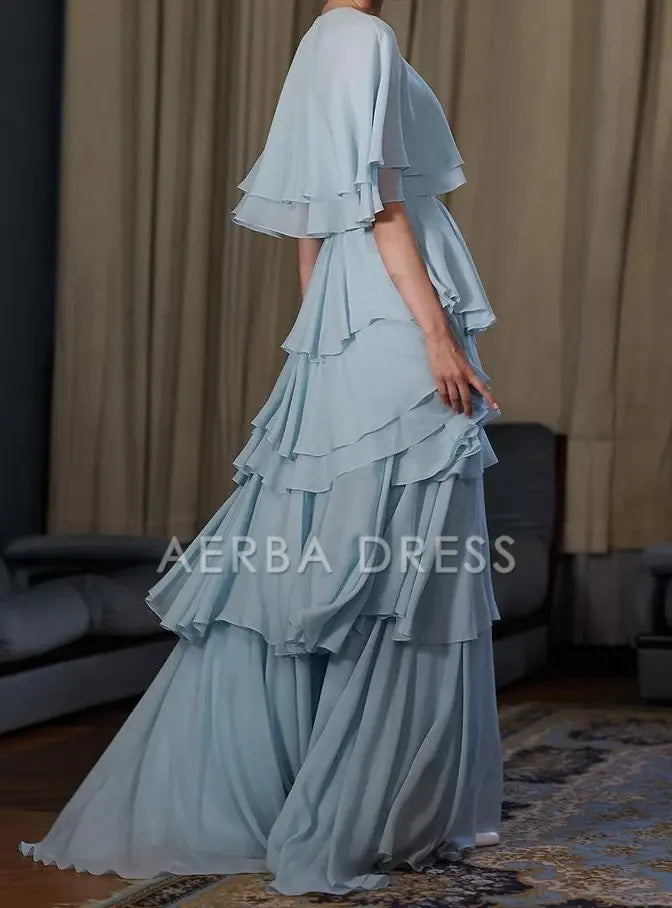 AERBA DRESS Prom Dress A Line Tiered Ruched Chiffon Flowing Romantic Elegant Formal Wear Dresses