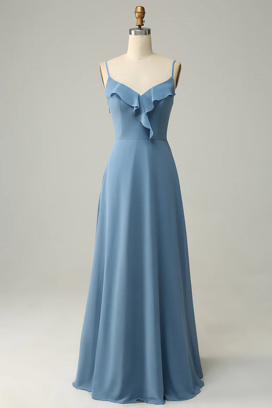AerbaDress A Line Spaghetti Straps Grey Blue Long Bridesmaid Dress with Ruffles