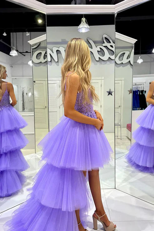 AerbaDress Elegant Lilac Tulle V Neck Evening Dress High Low Prom Dresses