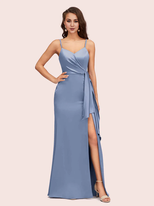 AerbaDress Sexy Bridesmaid Dresses Spaghetti Straps V-Neck Mermaid Satin With Slit