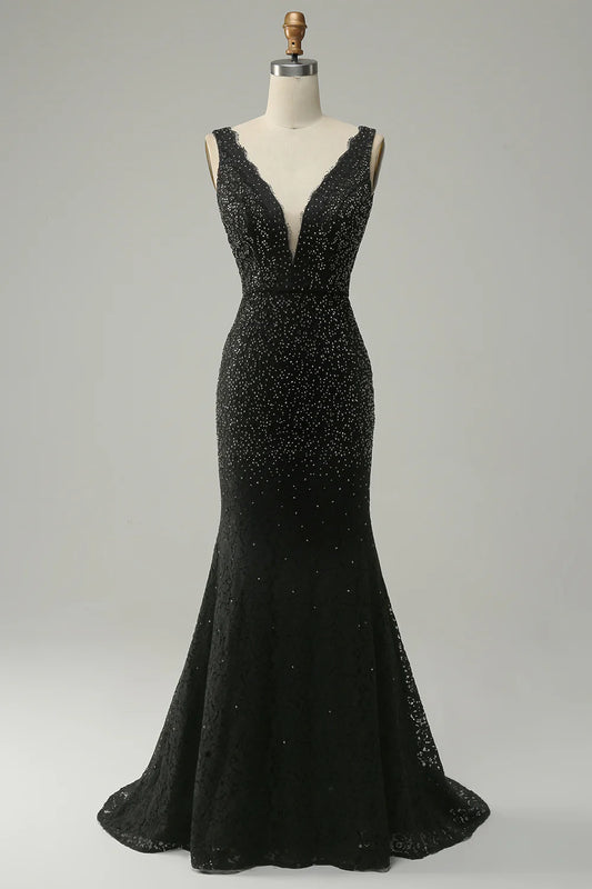 AerbaDress Mermaid Deep V Neck Black Lace Long Prom Dress with Beading