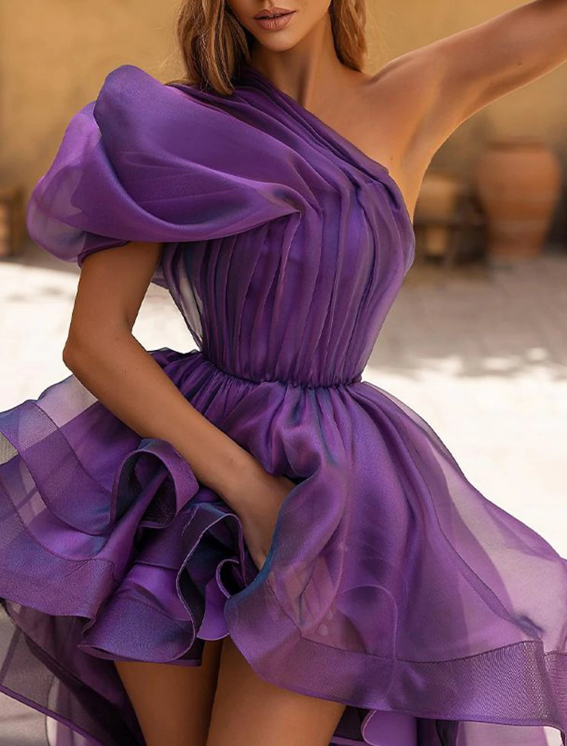 A-Line Evening Gown Wedding Prom Dress Sexy High Low Formal Dress Purple Sleeveless One Shoulder Organza with Ruffles