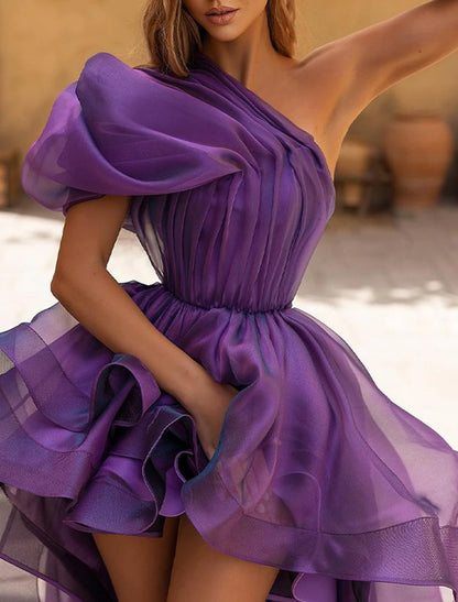 A-Line Evening Gown Wedding Prom Dress Sexy High Low Formal Dress Purple Sleeveless One Shoulder Organza with Ruffles