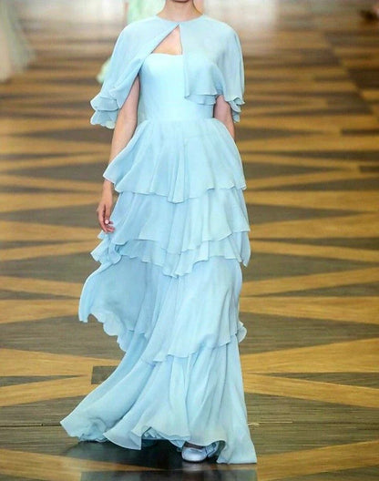 AERBA DRESS Prom Dress A Line Tiered Ruched Chiffon Flowing Romantic Elegant Formal Wear Dresses