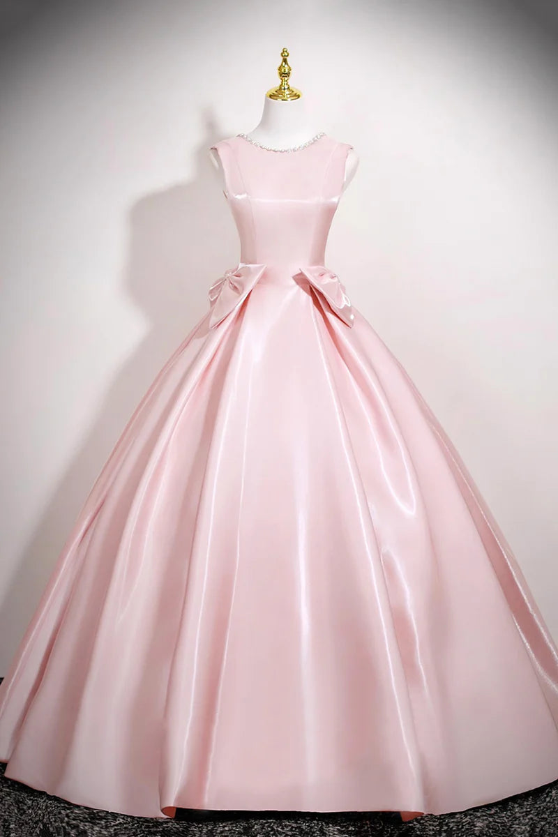 Gorgeous Sparkle Pink Satin A-Line Round Neck Beadwork Sleeveless with Bow Hem Ruched Elegant Long Prom Dresses Formal Graduation Dress Evening Dresses