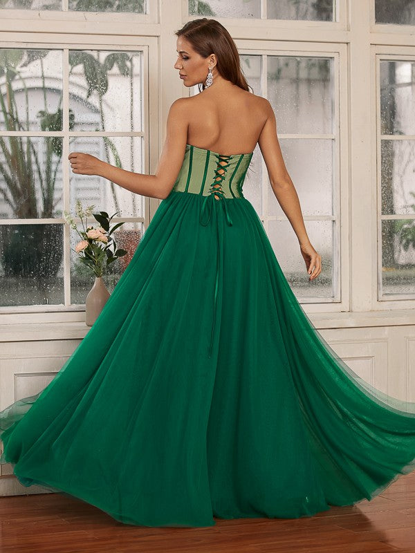 A-Line/Princess Tulle Ruffles Sweetheart Sleeveless Floor-Length Dresses