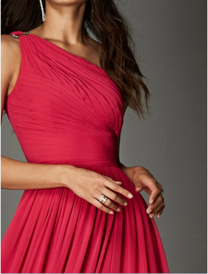 A-Line Empire Wedding Guest Formal Evening Dress Christmas Red Green Dress One Shoulder Sleeveless Sweep / Brush Train Chiffon with Pleats Ruched