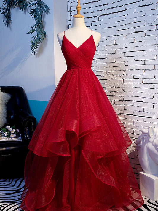 AerbaDress Long Evening Dresses A line Red Ruffles Spaghetti Straps V Neck Prom Dresses Backless