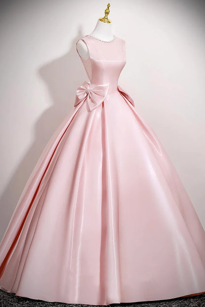 Gorgeous Sparkle Pink Satin A-Line Round Neck Beadwork Sleeveless with Bow Hem Ruched Elegant Long Prom Dresses Formal Graduation Dress Evening Dresses