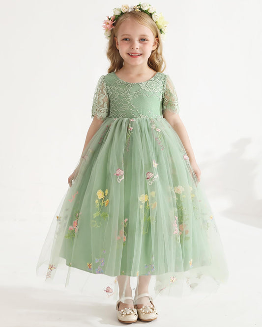 AERBA DRESS Wedding Flower Girl Dresses Lace Back V-Neck Dress Full-Length Floral Embroidered Tulle Dresses