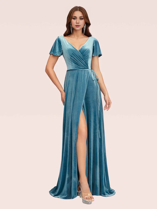 Wholesale Bridesmaid Dresses Velvet V-Neck Side Slit Short Sleeves Online