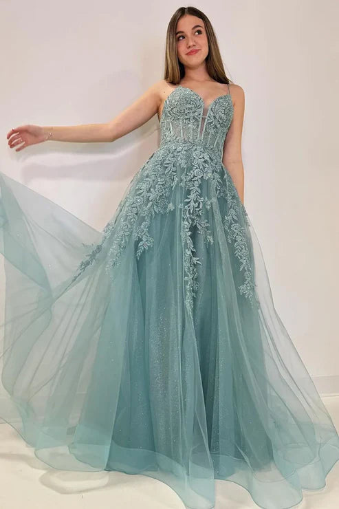 AerbaDress Sweetheart Evening Dress Spaghetti Straps Tulle A-Line Long Prom Dresses