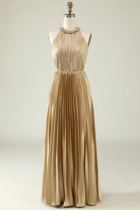 AerbaDress Halter Neck Golden Pleated Long Bridesmaid Dress