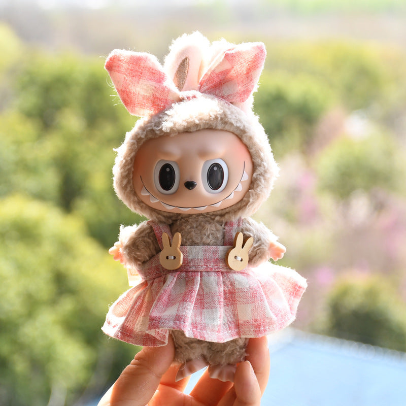 Handmade Labubu Outfit Spring/Summer Dress Set Hairband Checkered Skirt Two Piece Set (not including dolls)