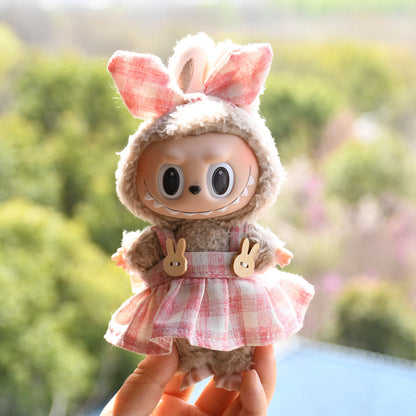 Handmade Labubu Outfit Spring/Summer Dress Set Hairband Checkered Skirt Two Piece Set (not including dolls)