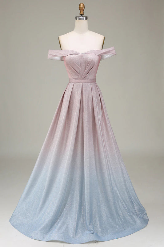 AerbaDress Off the Shoulder Grey Pink Sparkly Prom Dress with Pleated