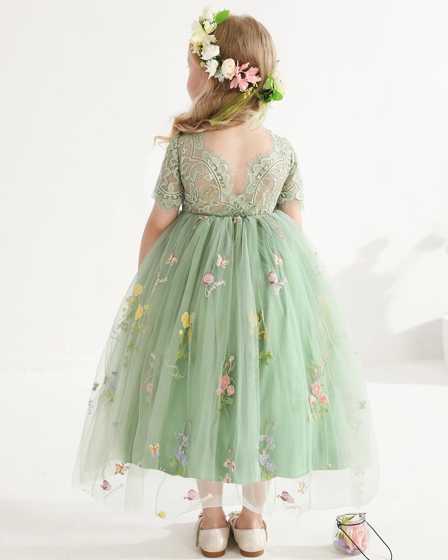 AERBA DRESS Wedding Flower Girl Dresses Lace Back V-Neck Dress Full-Length Floral Embroidered Tulle Dresses