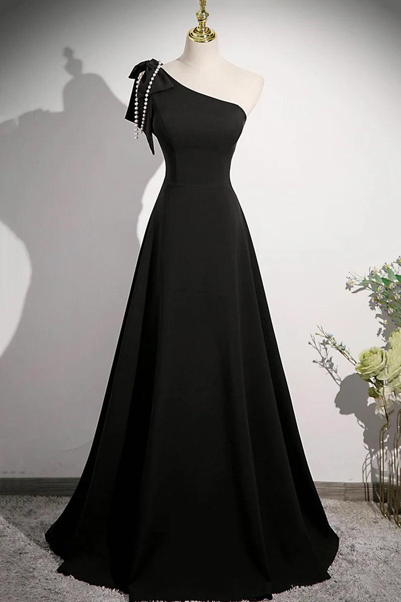 Black A-Line One Shoulder Bow Bead string Elegant Long Prom Dresses Formal Graduation Dress Evening Dresses