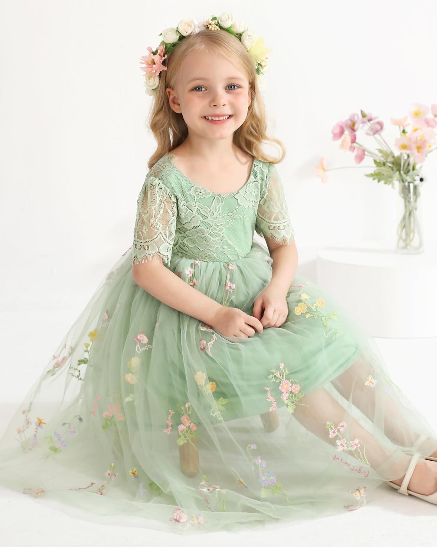 AERBA DRESS Wedding Flower Girl Dresses Lace Back V-Neck Dress Full-Length Floral Embroidered Tulle Dresses