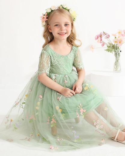 AERBA DRESS Wedding Flower Girl Dresses Lace Back V-Neck Dress Full-Length Floral Embroidered Tulle Dresses